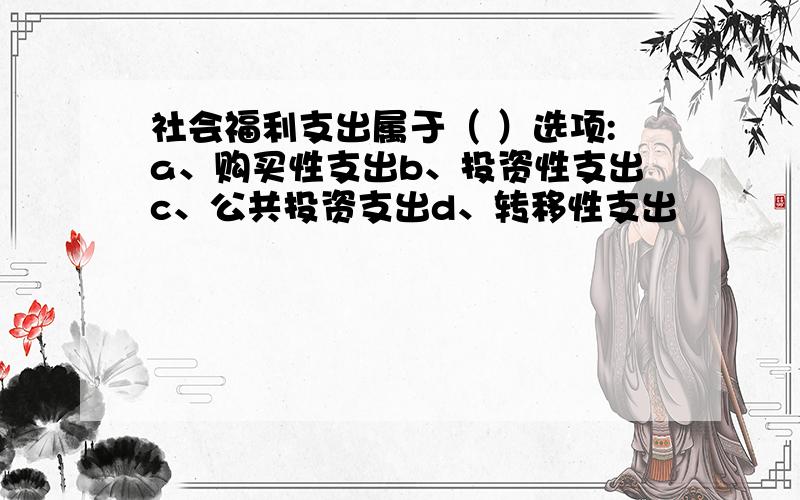 社会福利支出属于（ ）选项:a、购买性支出b、投资性支出c、公共投资支出d、转移性支出