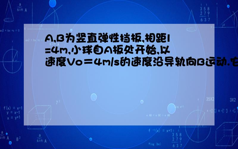 A,B为竖直弹性挡板,相距l=4m,小球自A板处开始,以速度Vo＝4m/s的速度沿导轨向B运动.它与A,B当板碰撞后均以碰前大小相等的速率反弹回来,切在轨上做减速运动的加速度大小不变.为使小球停在A,B