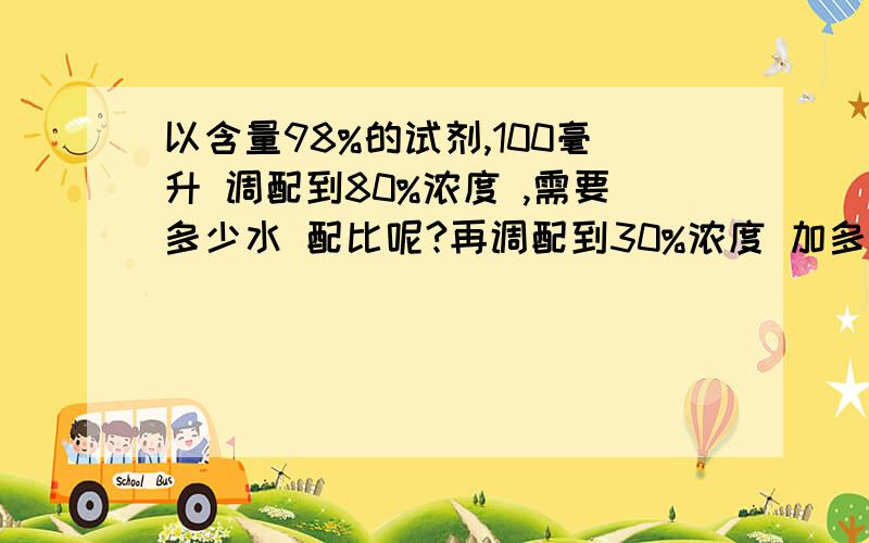 以含量98%的试剂,100毫升 调配到80%浓度 ,需要多少水 配比呢?再调配到30%浓度 加多少水呢 拿98%硫酸做例子吧 谁帮我下