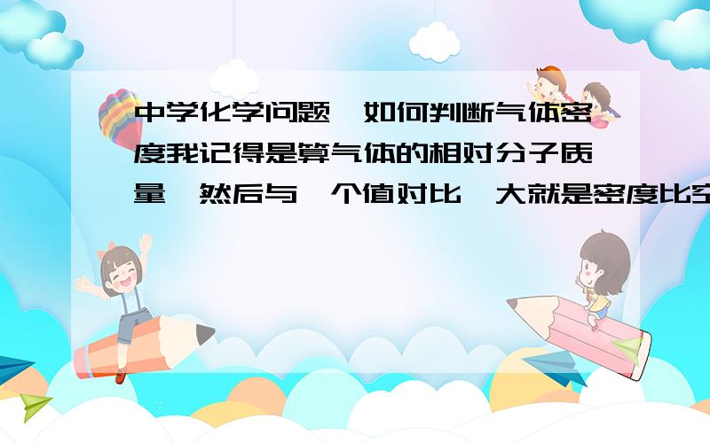 中学化学问题→如何判断气体密度我记得是算气体的相对分子质量,然后与一个值对比,大就是密度比空气大,小就比空气小,但我忘记这个值是多少了,还有我记得书本里有,不过也忘了是哪本,