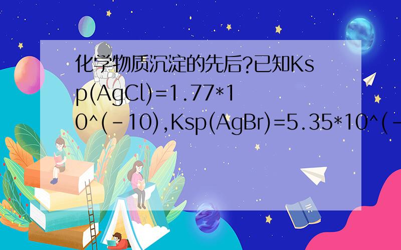 化学物质沉淀的先后?已知Ksp(AgCl)=1.77*10^(-10),Ksp(AgBr)=5.35*10^(-13),Ksp(Ag2CrO4)=1.12*10^(-12),若在一含有KCl,KBr,K2CrO4浓度均为0.01mol/l混合溶液中,逐滴加入0.01mol/lAgNO3溶液,最先和最后沉淀的物质分别是?Ag