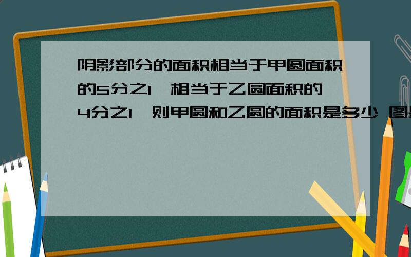 阴影部分的面积相当于甲圆面积的5分之1,相当于乙圆面积的4分之1,则甲圆和乙圆的面积是多少 图是相交的圆 甲大 乙小