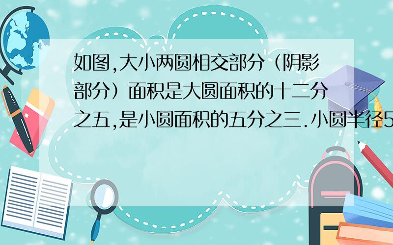 如图,大小两圆相交部分（阴影部分）面积是大圆面积的十二分之五,是小圆面积的五分之三.小圆半径5cm……大圆面积是多少?