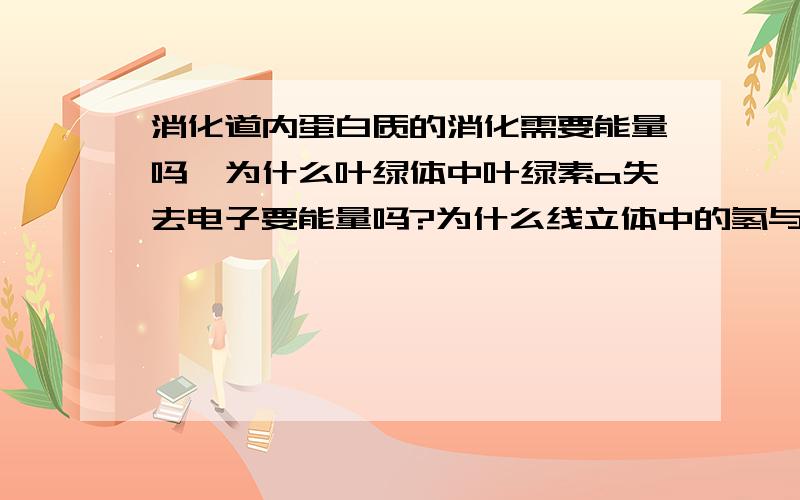 消化道内蛋白质的消化需要能量吗,为什么叶绿体中叶绿素a失去电子要能量吗?为什么线立体中的氢与痒结合要能量吗?为什么知道的才答.谢绝骗分.