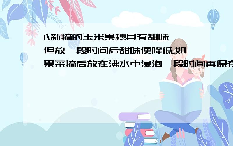 1\新摘的玉米果穗具有甜味,但放一段时间后甜味便降低.如果采摘后放在沸水中浸泡一段时间再保存甜味要保留较长一段时间,如果采摘后放在35-40度下,甜味消失的更快,如果采摘后马上冷藏,也