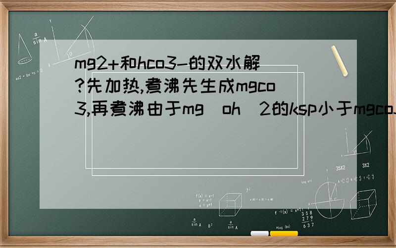 mg2+和hco3-的双水解?先加热,煮沸先生成mgco3,再煮沸由于mg（oh）2的ksp小于mgco3的ksp,所以最终产物为mg（oh）2.后面一步我能理解,但就是前面一步生成mgco3理解不了,我想问的是既然mg2+和hco3-在加