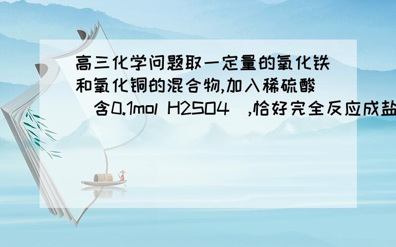 高三化学问题取一定量的氧化铁和氧化铜的混合物,加入稀硫酸（含0.1mol H2SO4）,恰好完全反应成盐和水,原混合物中氧元素的质量是（    ）A . 6.4g                     B. 3.2g                  C. 1.6g