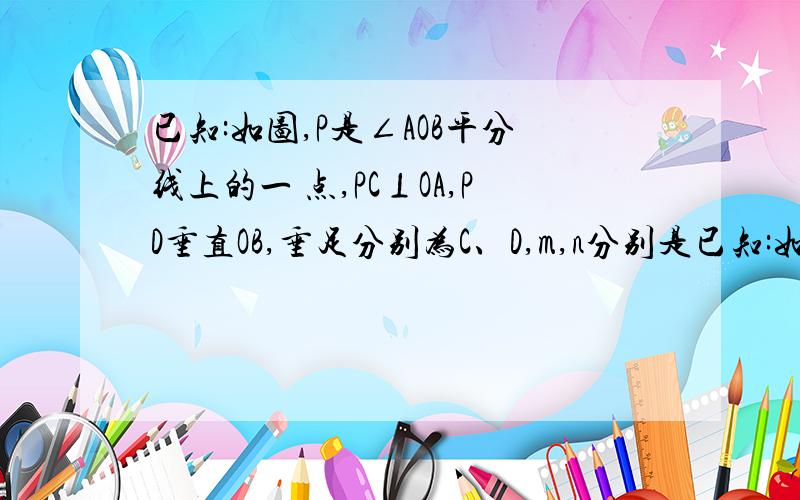 已知:如图,P是∠AOB平分线上的一 点,PC⊥OA,PD垂直OB,垂足分别为C、D,m,n分别是已知:如图,P是∠AOB平分线上的一 点,PC⊥OA,PD垂直OB,垂足分别为C、D,m,n分别是pc,pd的中点1.oc等于od2.点p到射线om,on的距