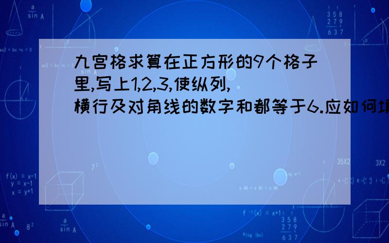 九宫格求算在正方形的9个格子里,写上1,2,3,使纵列,横行及对角线的数字和都等于6.应如何填写才能符合问题的要求?将所有的组合列出来.http://hiphotos.baidu.com/%CE%DE%B5%D0%B7%E8%BF%F1%B5%C4%CB%A7%B8%E7/pic