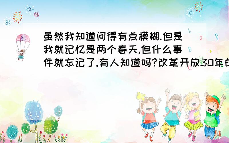 虽然我知道问得有点模糊.但是我就记忆是两个春天,但什么事件就忘记了.有人知道吗?改革开放30年的变化的么?