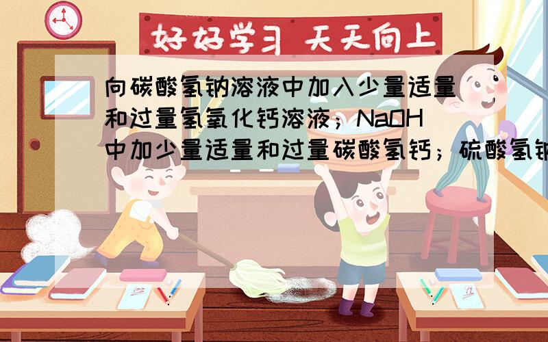 向碳酸氢钠溶液中加入少量适量和过量氢氧化钙溶液；NaOH中加少量适量和过量碳酸氢钙；硫酸氢钠加Ba（OH）2溶液至中性；硫酸氢钠加Ba（OH）2溶液刚好沉淀完全.还有,怎么区分溶液带正电还