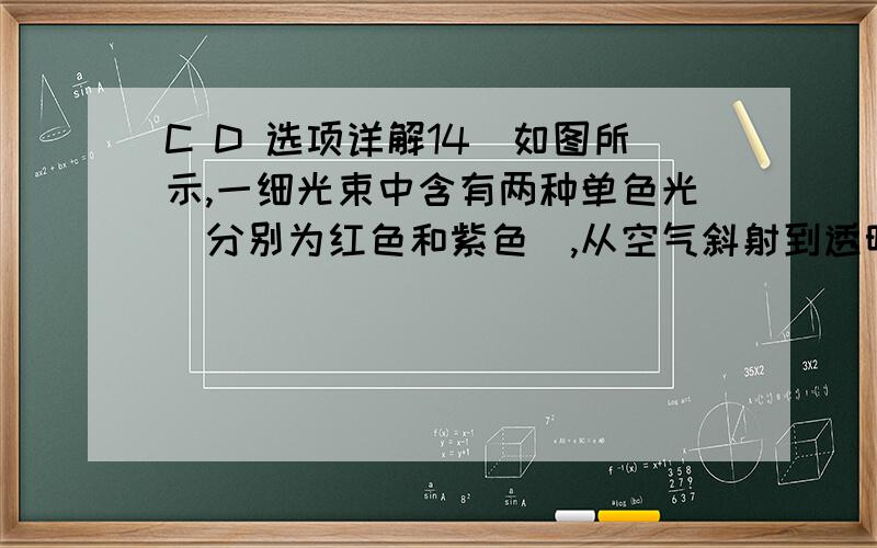 C D 选项详解14．如图所示,一细光束中含有两种单色光（分别为红色和紫色）,从空气斜射到透明的玻璃砖上,透过玻璃砖后,又射出到空气中,则 （D） 光束①②玻璃砖A．出射光线中①是紫色,②