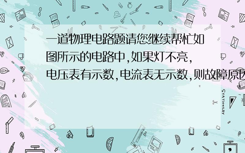 一道物理电路题请您继续帮忙如图所示的电路中,如果灯不亮,电压表有示数,电流表无示数,则故障原因可能是