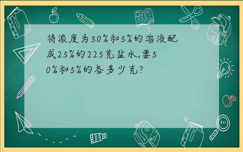 将浓度为50%和5%的溶液配成25%的225克盐水,要50%和5%的各多少克?