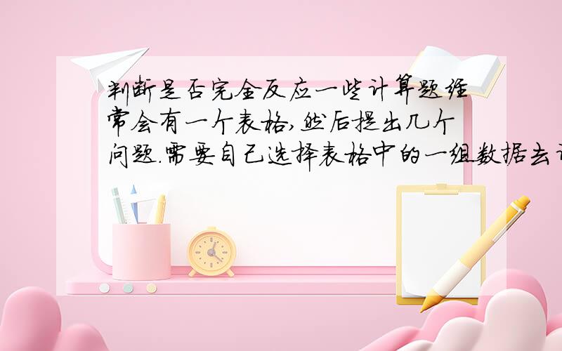 判断是否完全反应一些计算题经常会有一个表格,然后提出几个问题.需要自己选择表格中的一组数据去计算,比如：甲乙丙丁四位同学分别用锌与稀硫酸反应,所得数据如下(实验中的误差忽略