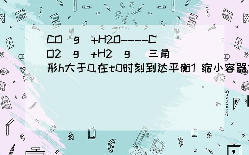 CO（g）+H2O----CO2(g)+H2(g) 三角形h大于0.在t0时刻到达平衡1 缩小容器体积2 降低温度