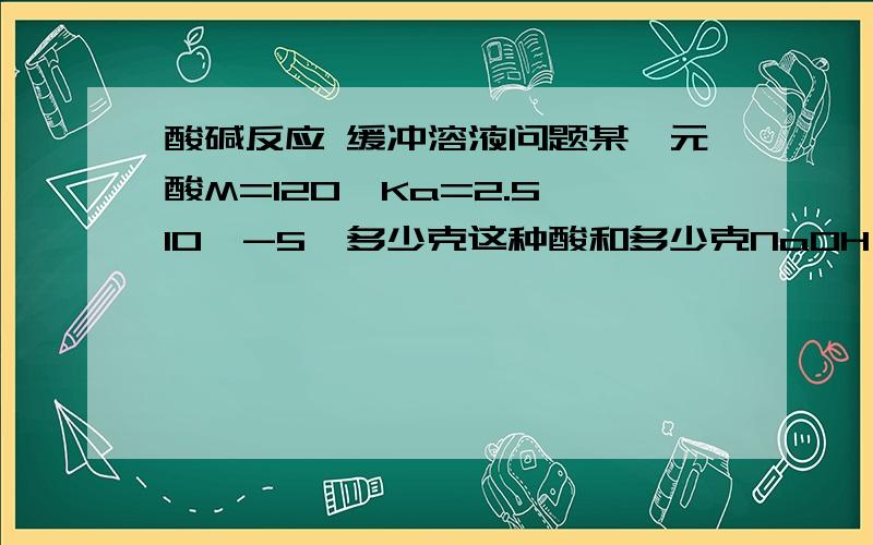 酸碱反应 缓冲溶液问题某一元酸M=120,Ka=2.5×10^-5,多少克这种酸和多少克NaOH(s)才能配成1L pH=4.9的缓冲溶液,使缓冲组分总浓度等于1mol/L?