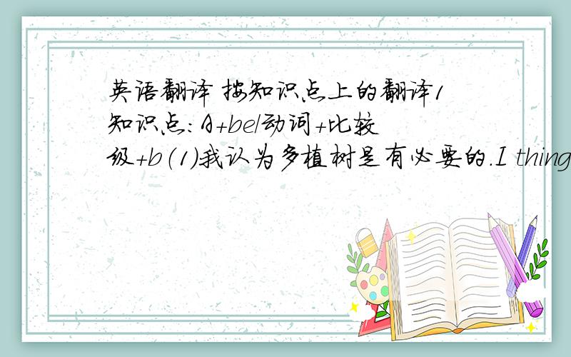 英语翻译 按知识点上的翻译1知识点：A+be/动词+比较级+b（1）我认为多植树是有必要的.I thingk it‘s  —— to piant —— trees.（2）我学习比我的弟弟用工. I stusy —— —— my brother.2知识点：a lot