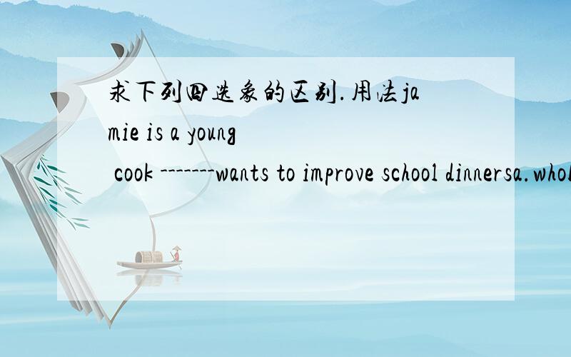 求下列四选象的区别.用法jamie is a young cook -------wants to improve school dinnersa.whob.whosec.whomd.which