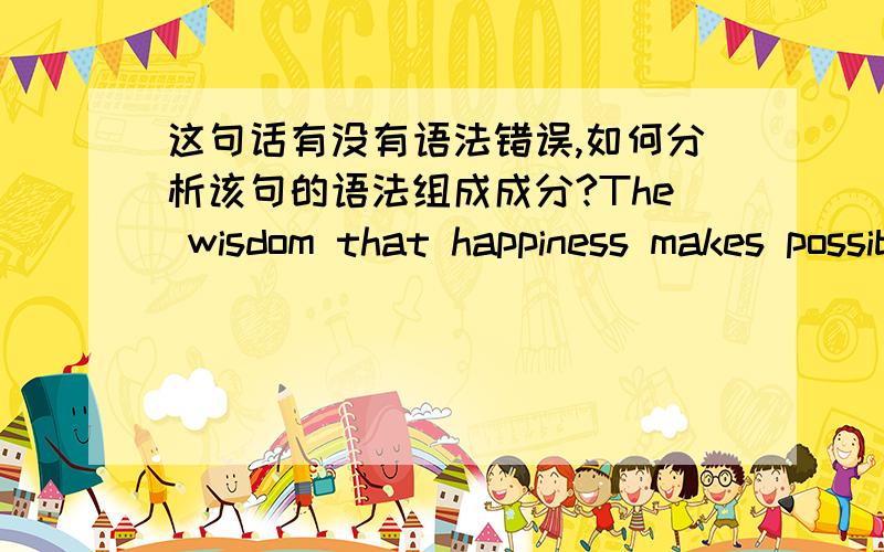 这句话有没有语法错误,如何分析该句的语法组成成分?The wisdom that happiness makes possible lies in clear perception,not fogged by anxiety nor dimmed by despair and boredom,without the blind spots caused by fear.这句话有没有