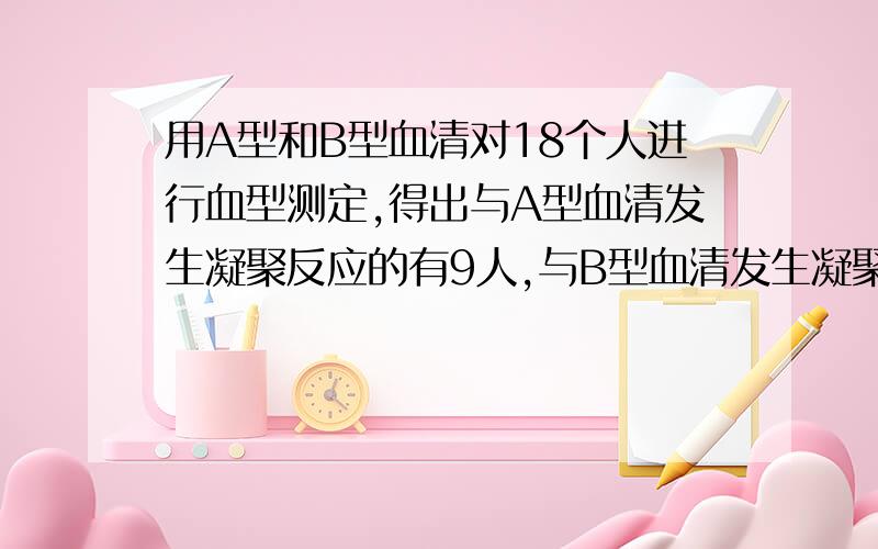 用A型和B型血清对18个人进行血型测定,得出与A型血清发生凝聚反应的有9人,与B型血清发生凝聚反应的有7人,与两种血清都发生凝聚反应的有5人,余下的都不凝聚,那么A型,B型,AB型,O型各为多少人