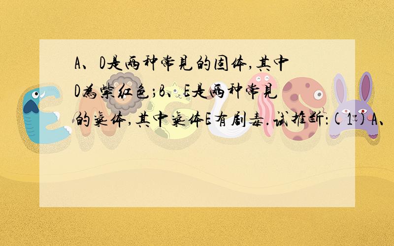 A、D是两种常见的固体,其中D为紫红色；B、E是两种常见的气体,其中气体E有剧毒.试推断：(1)A、E的化学式分别为：A：______________ E：__________________(2)写出A+D的化学反应方程式：__________________.