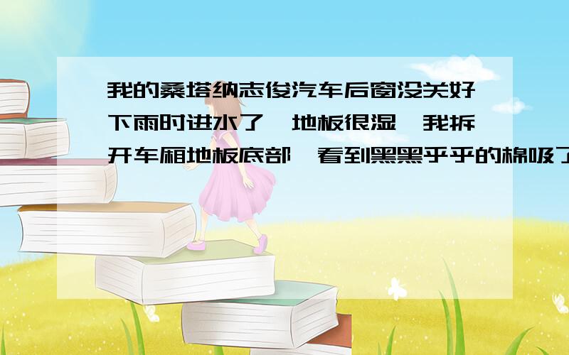 我的桑塔纳志俊汽车后窗没关好下雨时进水了,地板很湿,我拆开车厢地板底部,看到黑黑乎乎的棉吸了好多的