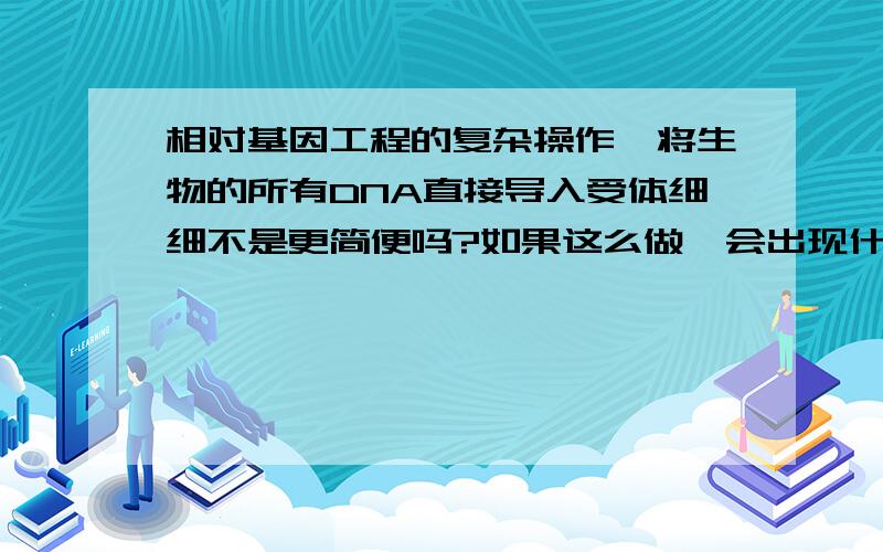 相对基因工程的复杂操作,将生物的所有DNA直接导入受体细细不是更简便吗?如果这么做,会出现什么样的...相对基因工程的复杂操作,将生物的所有DNA直接导入受体细细不是更简便吗?如果这么