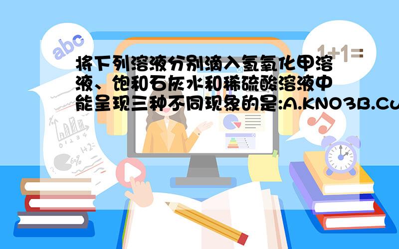 将下列溶液分别滴入氢氧化甲溶液、饱和石灰水和稀硫酸溶液中能呈现三种不同现象的是:A.KNO3B.CuClC.Na2CO3D.紫色的石蕊试液