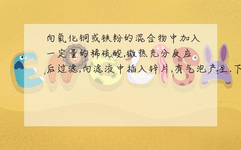 向氧化铜或铁粉的混合物中加入一定量的稀硫酸,微热充分反应后过滤,向滤液中插入锌片,有气泡产生.下列判断不正确的是 A不溶物中一定有铁 B滤液中一定有硫酸 C不溶物一定有铜 D滤液中一