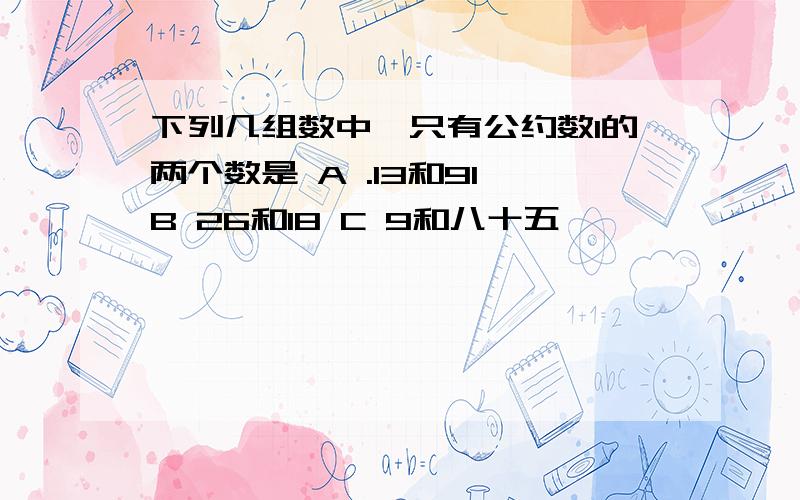 下列几组数中,只有公约数1的两个数是 A .13和91 B 26和18 C 9和八十五