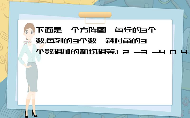 下面是一个方阵图,每行的3个数.每列的3个数,斜对角的3个数相加的和均相等.1 2 -3 -4 0 4 3 -2 -1 如果将方阵图中的每个数都加上同一个数,那么方阵中每行到3个数、每列3个数、斜对角的3个数相