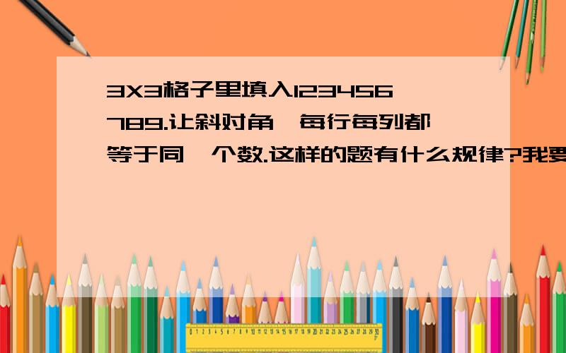 3X3格子里填入123456789.让斜对角、每行每列都等于同一个数.这样的题有什么规律?我要规律= =