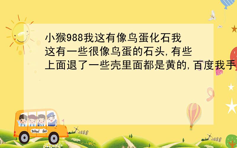 小猴988我这有像鸟蛋化石我这有一些很像鸟蛋的石头,有些上面退了一些壳里面都是黄的,百度我手机上不了图没法给你们看,加我微信我发图帮忙鉴定下hhlizhiyou