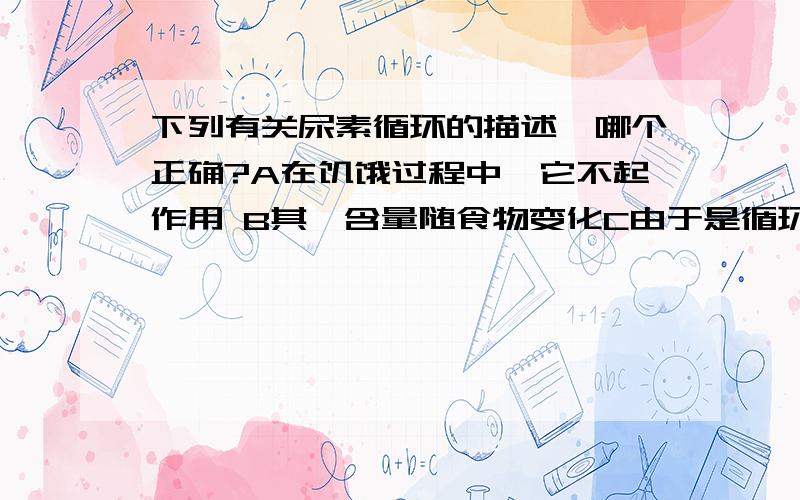 下列有关尿素循环的描述,哪个正确?A在饥饿过程中,它不起作用 B其酶含量随食物变化C由于是循环,不受中间产物浓度变化D天冬酰胺是尿素循环的中间物