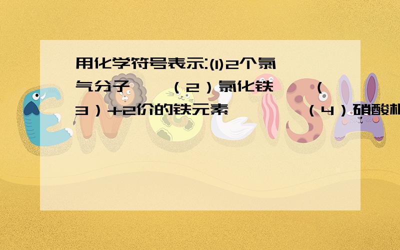 用化学符号表示:(1)2个氯气分子——（2）氯化铁——（3）+2价的铁元素————（4）硝酸根离子————