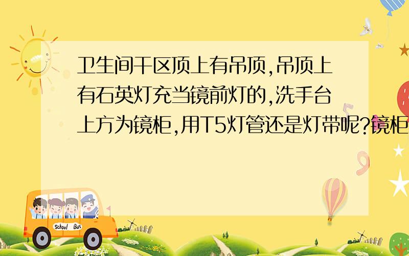 卫生间干区顶上有吊顶,吊顶上有石英灯充当镜前灯的,洗手台上方为镜柜,用T5灯管还是灯带呢?镜柜上下,用T5灯管还是灯带呢?