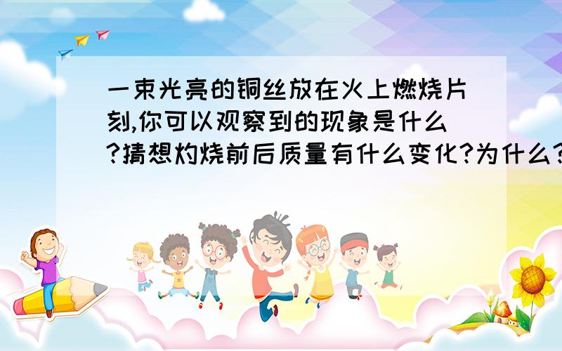 一束光亮的铜丝放在火上燃烧片刻,你可以观察到的现象是什么?猜想灼烧前后质量有什么变化?为什么?