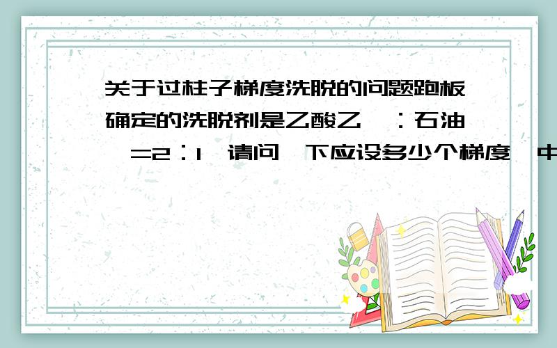 关于过柱子梯度洗脱的问题跑板确定的洗脱剂是乙酸乙酯：石油醚=2：1,请问一下应设多少个梯度,中间梯度是多少,起始梯度是多少,还有每个梯度用多少洗脱剂?TLC上共有三个点，所要物质是