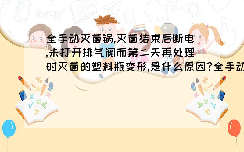 全手动灭菌锅,灭菌结束后断电,未打开排气阀而第二天再处理时灭菌的塑料瓶变形,是什么原因?全手动灭菌锅,灭菌结束后断电,未打开排气阀,第二天再处理时灭菌的塑料瓶变形,是什么原因?同