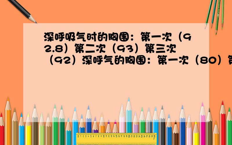 深呼吸气时的胸围：第一次（92.8）第二次（93）第三次（92）深呼气的胸围：第一次（80）第二次（80.6）第三次（80）单位厘米.A 11厘米 B12.4厘米 C12厘米 D11.8厘米