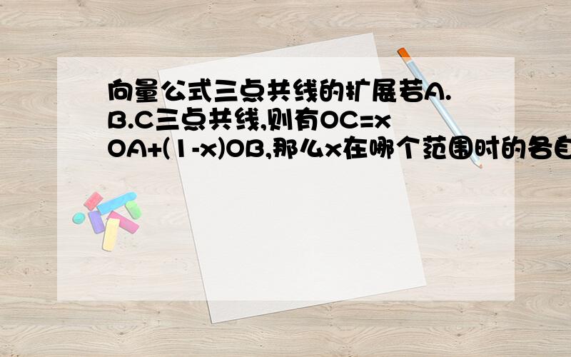 向量公式三点共线的扩展若A.B.C三点共线,则有OC=xOA+(1-x)OB,那么x在哪个范围时的各自取之是什么?