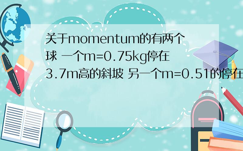 关于momentum的有两个球 一个m=0.75kg停在3.7m高的斜坡 另一个m=0.51的停在在2.5m高的斜坡末端 当高处的滚下来撞击下面的球 下面的球飞出了4.12m 问另一个飞出多远 从momentum思考的两个球在同一个