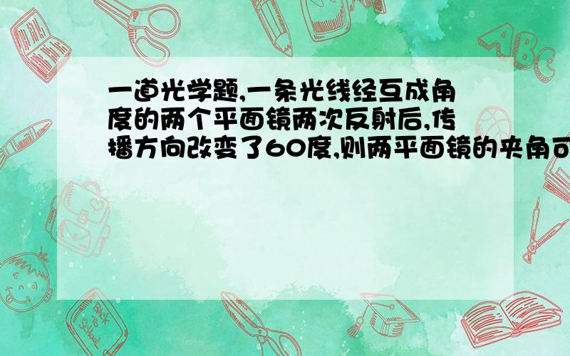 一道光学题,一条光线经互成角度的两个平面镜两次反射后,传播方向改变了60度,则两平面镜的夹角可能是（ ）度A60B90C120D150答案选的是150度,请说明理由