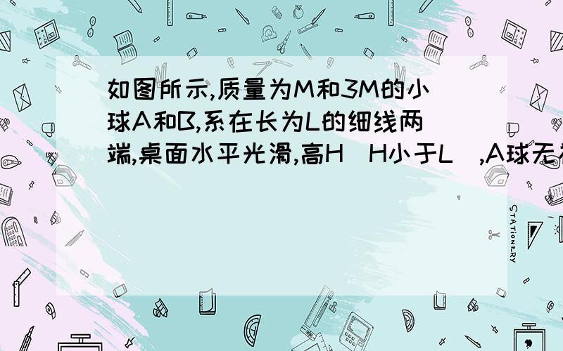 如图所示,质量为M和3M的小球A和B,系在长为L的细线两端,桌面水平光滑,高H（H小于L）,A球无初速度从桌面边下滑,落在沙地上静止不动,则球B离开桌边的速度为多大?