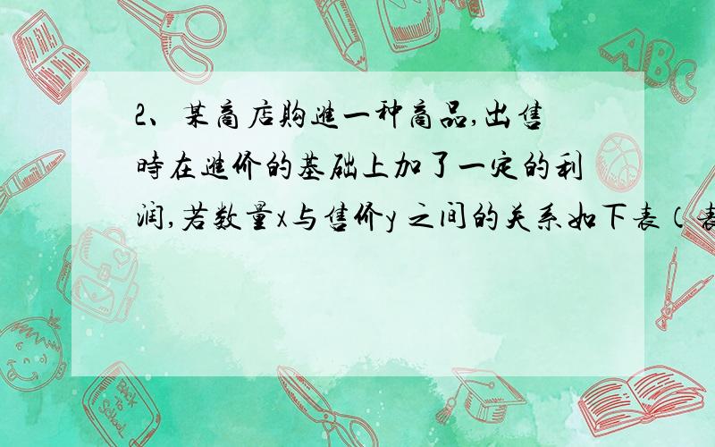 2、某商店购进一种商品,出售时在进价的基础上加了一定的利润,若数量x与售价y 之间的关系如下表（表中售价栏内的0.10是包装费用）.请你观察下表,并回答：数量 x（单位：千克） 售价y（单