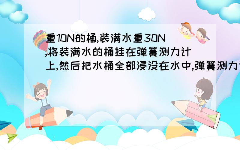 重10N的桶,装满水重30N,将装满水的桶挂在弹簧测力计上,然后把水桶全部浸没在水中,弹簧测力计的示数( ）A．在10N到30N之间B．一定小于10NC．一定大于30ND．无法判定请说明原因,