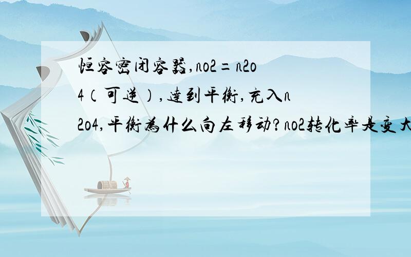 恒容密闭容器,no2=n2o4（可逆）,达到平衡,充入n2o4,平衡为什么向左移动?no2转化率是变大吗?这两各结论看似矛盾吗?怎么既向左移动又向右移动？