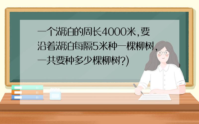 一个湖泊的周长4000米,要沿着湖泊每隔5米种一棵柳树,一共要种多少棵柳树?)