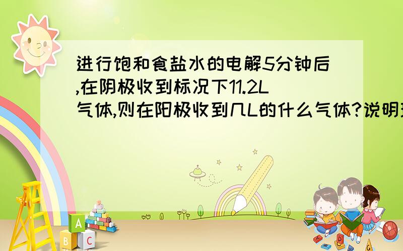 进行饱和食盐水的电解5分钟后,在阴极收到标况下11.2L气体,则在阳极收到几L的什么气体?说明理由